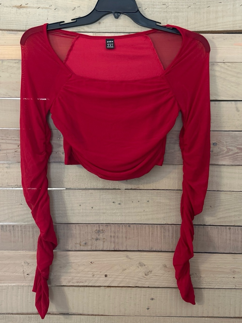SHEIN Red Long-Sleeve Mesh Ruched Crop Top